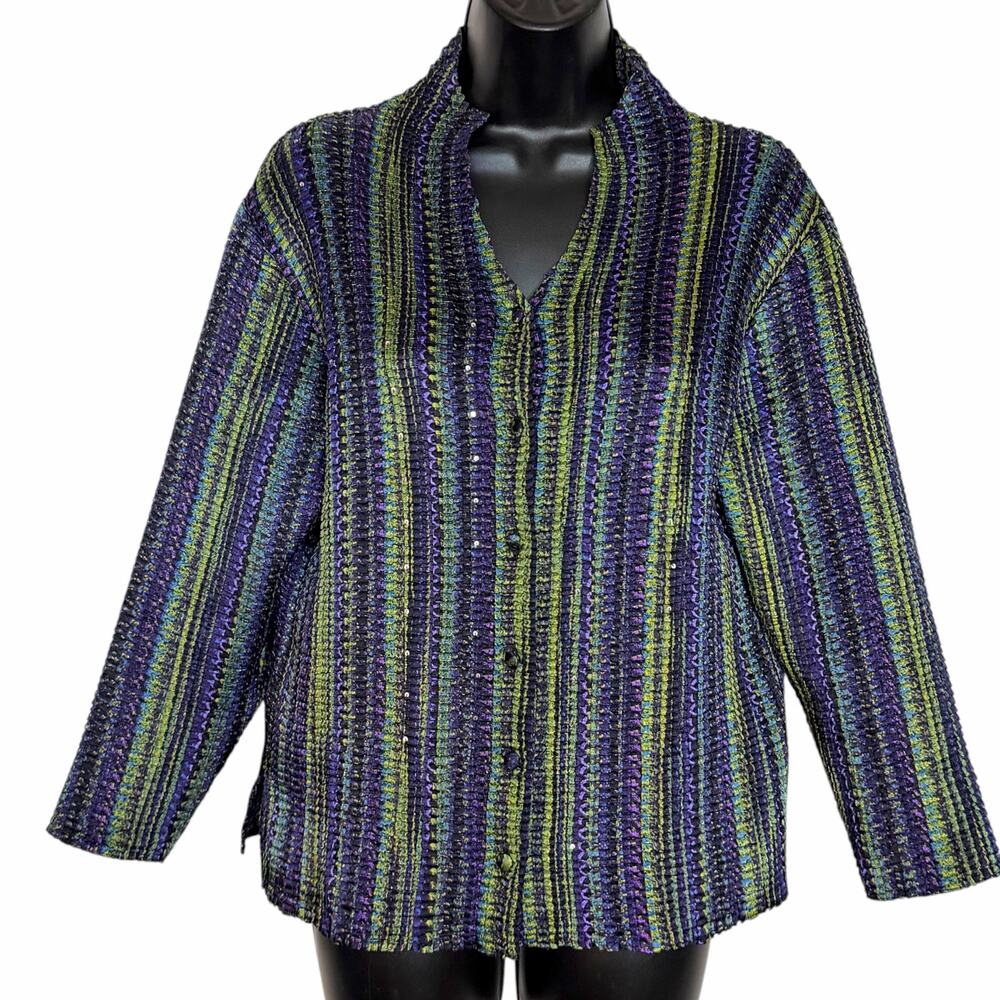 VTG Mirasol Metallic Sequin Shimmer Knit Shacket M Purple Green Mermaidcore Art